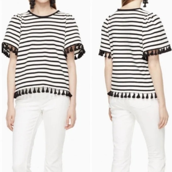 Kate Spade Broome Street Stripe Flutter Sleeve Tassel Top, Black & White, Size S - Picture 3 of 8